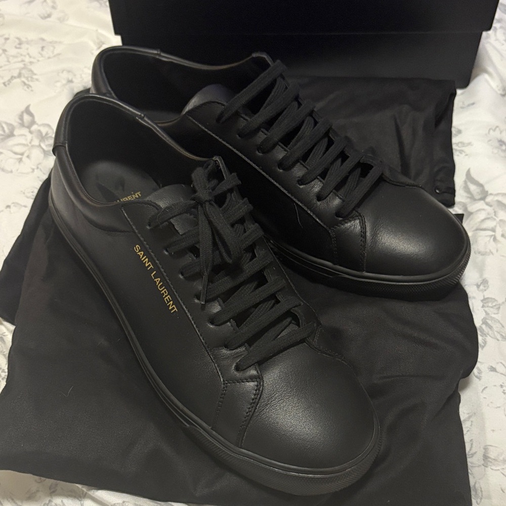 Saint Laurent Men's Black Leather Sneakers with Gold Accents